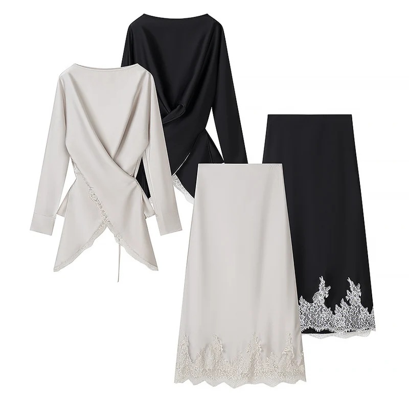 Damen Zweiteiliges Satin-Set mit Wickelbluse und Midirock mit Spitzenbesatz Drune