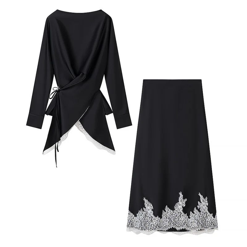 Damen Zweiteiliges Satin-Set mit Wickelbluse und Midirock mit Spitzenbesatz Drune