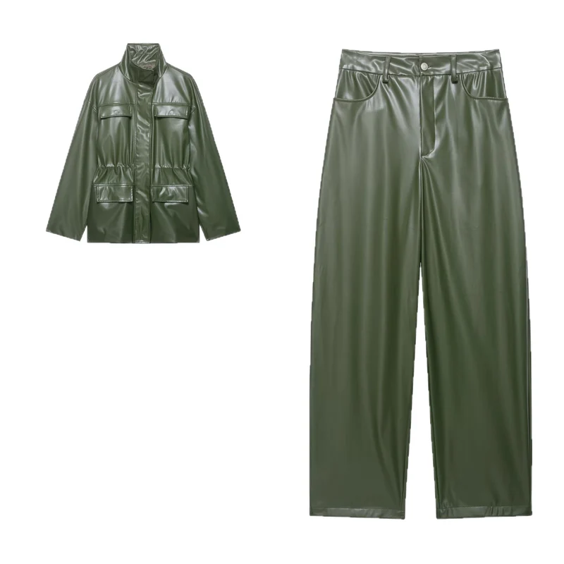 Damen Zweiteiliges PU-Leder-Ensemble mit Fieldjacke, Kordelzugtaillierung und High‑Waist Wide‑Leg Hose Drune