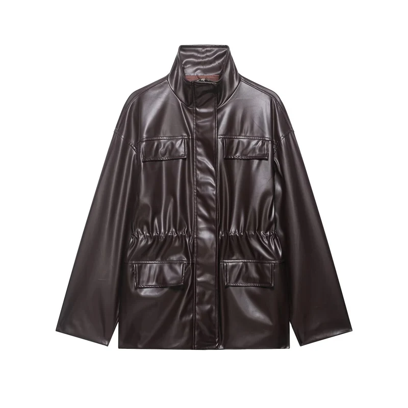 Damen Zweiteiliges PU-Leder-Ensemble mit Fieldjacke, Kordelzugtaillierung und High‑Waist Wide‑Leg Hose Drune