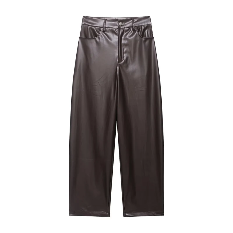 Damen Zweiteiliges PU-Leder-Ensemble mit Fieldjacke, Kordelzugtaillierung und High‑Waist Wide‑Leg Hose Drune