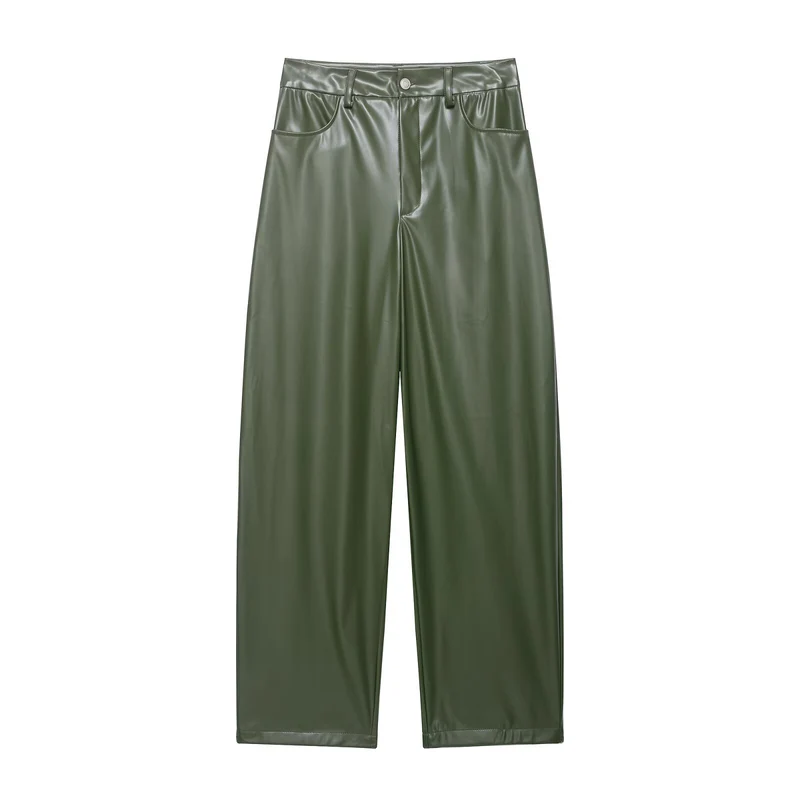 Damen Zweiteiliges PU-Leder-Ensemble mit Fieldjacke, Kordelzugtaillierung und High‑Waist Wide‑Leg Hose Drune