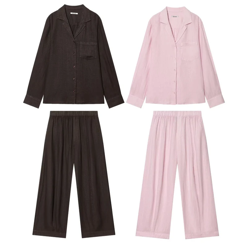Damen Zweiteiliges Loungewear-Set aus Leinenoptik mit lockerem Pyjama‑Hemd und weiter Palazzo‑Hose Drune