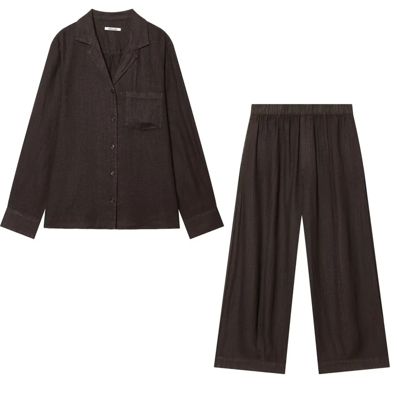 Damen Zweiteiliges Loungewear-Set aus Leinenoptik mit lockerem Pyjama‑Hemd und weiter Palazzo‑Hose Drune