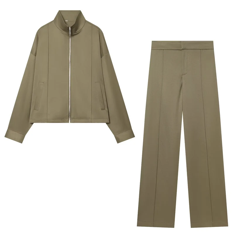 Damen Zweiteiliges Freizeit-Set mit Stehkragen-Zipperjacke und taillierter High-Waist-Hose Drune