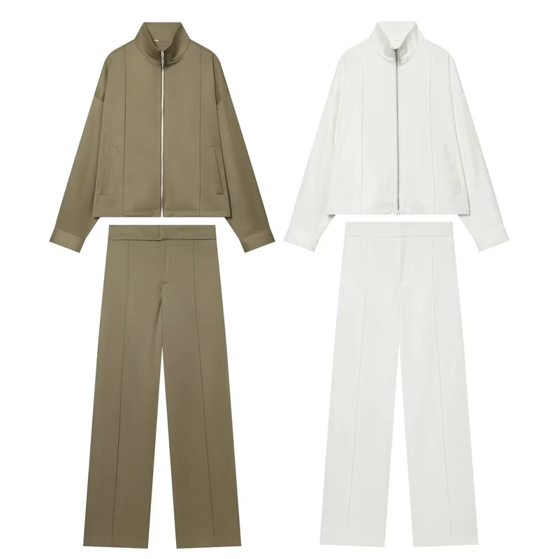 Damen Zweiteiliges Freizeit-Set mit Stehkragen-Zipperjacke und taillierter High-Waist-Hose Drune