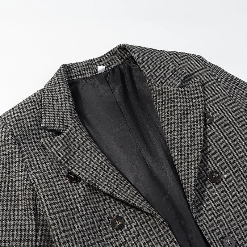 Damen Zweireihiger Hahnentritt-Blazer mit asymmetrischem Schwalbenschwanz-Saum Drune