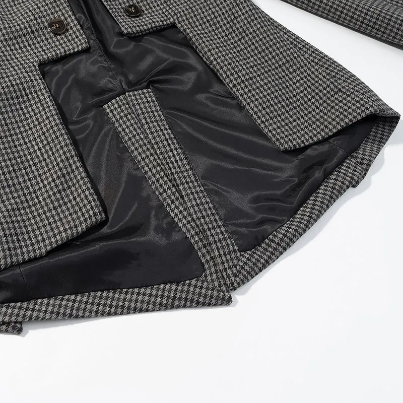 Damen Zweireihiger Hahnentritt-Blazer mit asymmetrischem Schwalbenschwanz-Saum Drune