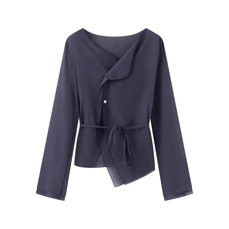 Damen Wickelbluse mit asymmetrischer Vorderseite, V‑Ausschnitt und Bindegürtel Drune