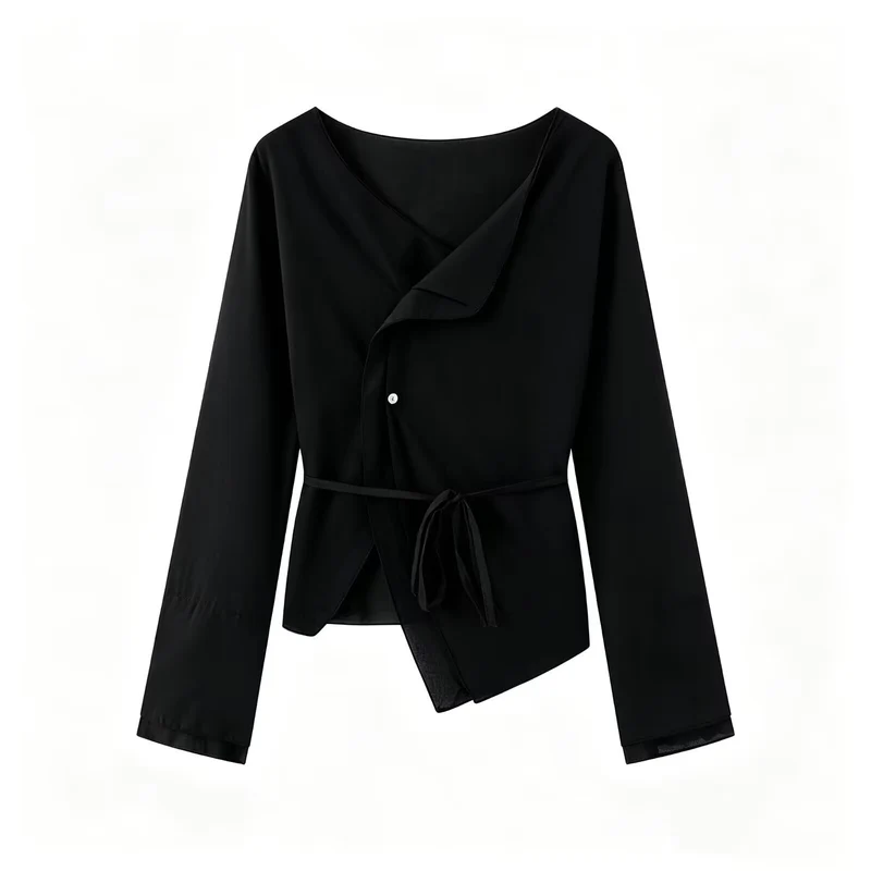 Damen Wickelbluse mit asymmetrischer Vorderseite, V‑Ausschnitt und Bindegürtel Drune