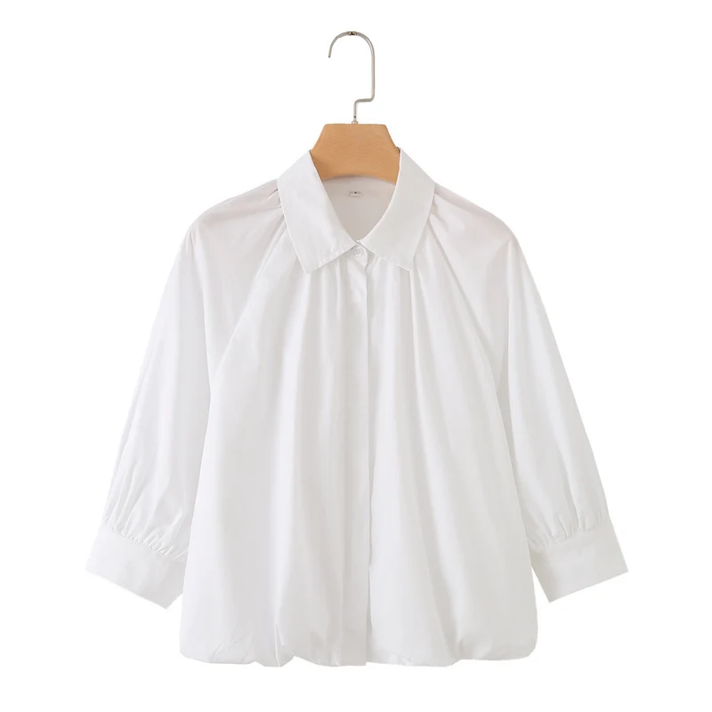 Damen Weites Blusenshirt mit Kellerfalten Ballonärmeln und Hemdkragen Drune