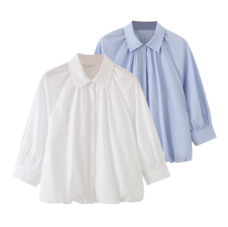 Damen Weites Blusenshirt mit Kellerfalten Ballonärmeln und Hemdkragen Drune