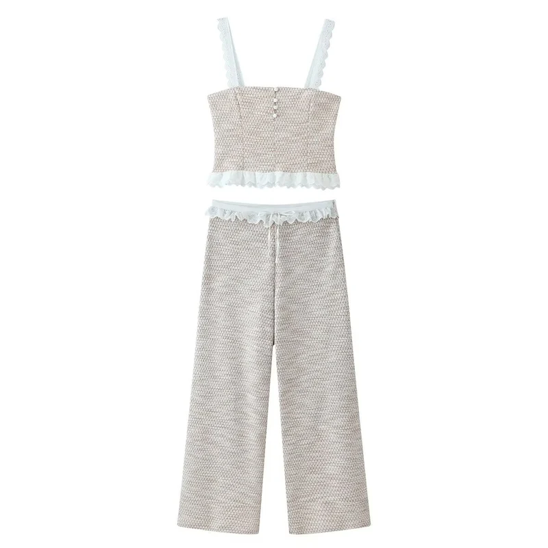 Damen Weite Tweed-Hose mit Spitzenbund und Kordelzug Drune