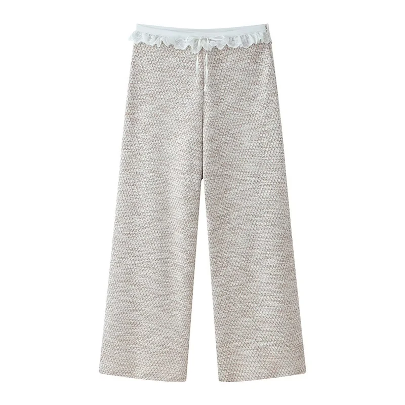 Damen Weite Tweed-Hose mit Spitzenbund und Kordelzug Drune