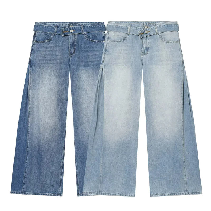 Damen Weite High‑Waist Jeans mit Ziergürtel und seitlichen Einsatzbahnen Drune