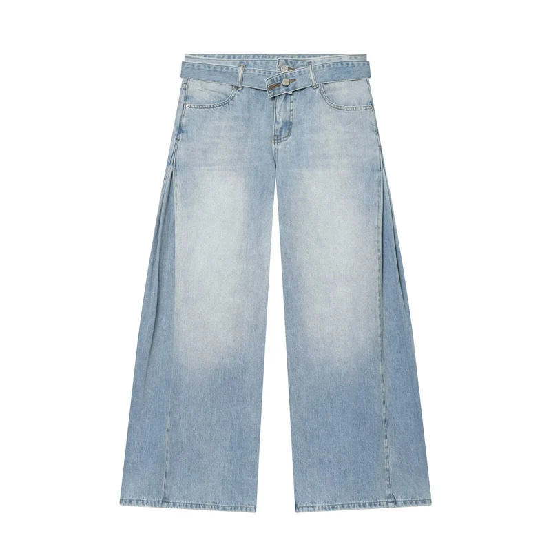 Damen Weite High‑Waist Jeans mit Ziergürtel und seitlichen Einsatzbahnen Drune