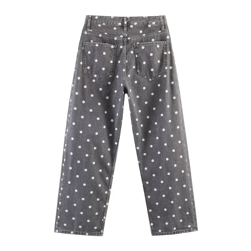 Damen Weite High-Waist-Jeans mit ganzflächigem Punktenmuster und geradem Bein Drune