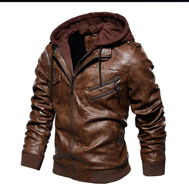 HerrenStylische Lederjacke mit Kapuze und gewaschenem Finish Drune