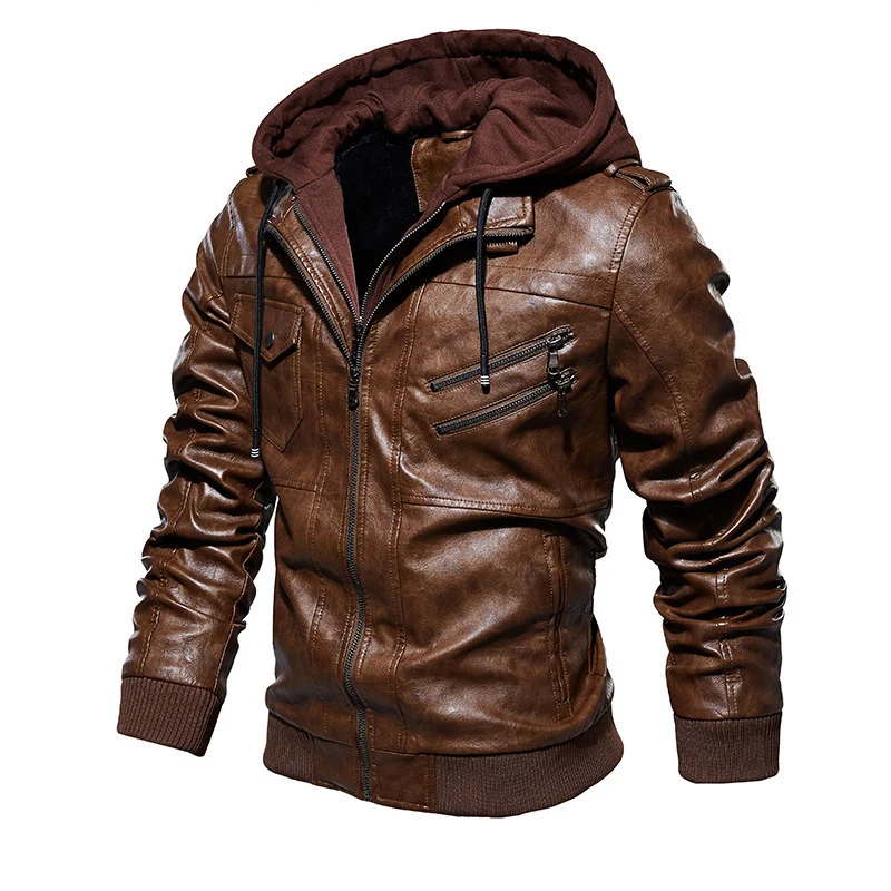 HerrenStylische Lederjacke mit Kapuze und gewaschenem Finish Drune