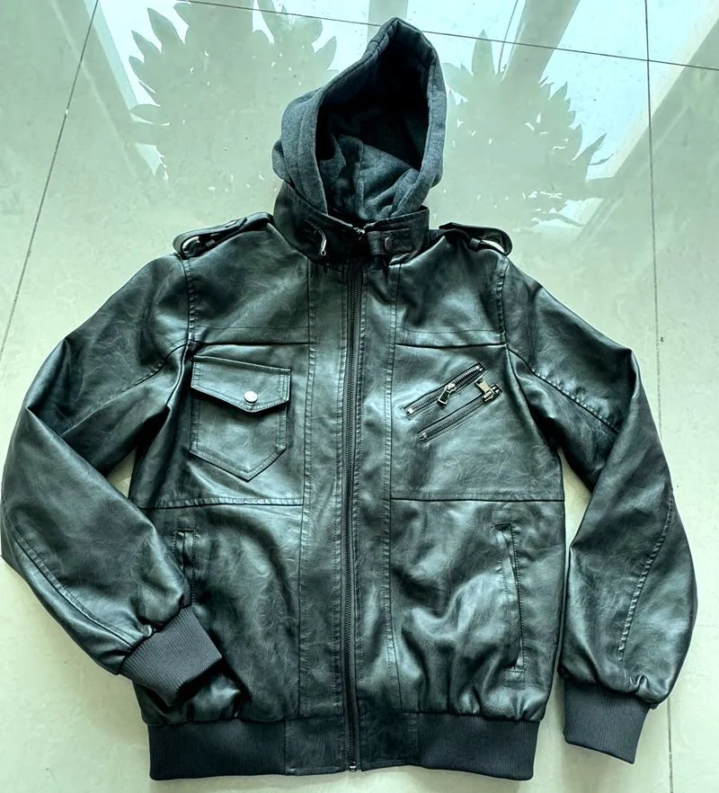 HerrenStylische Lederjacke mit Kapuze und gewaschenem Finish Drune