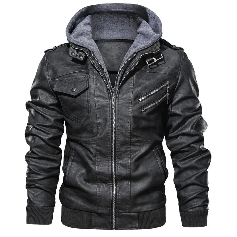 Herren Trendige Lederjacke mit Kapuze Drune