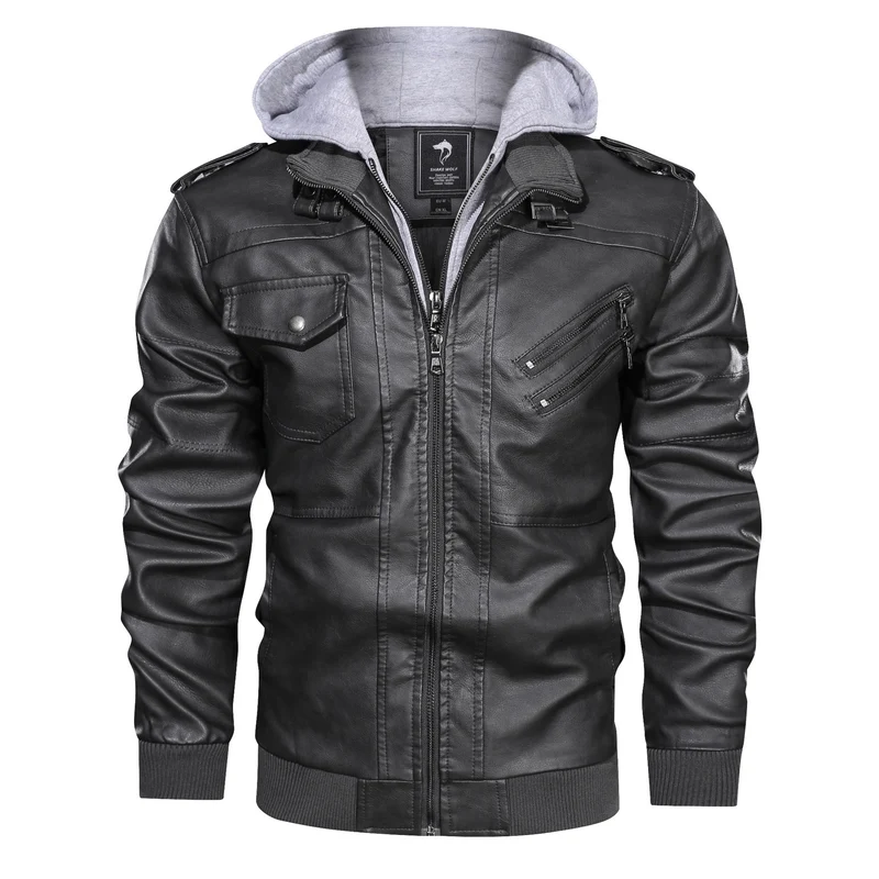 Herren Stylische Lederjacke mit abnehmbarer Kapuze Drune