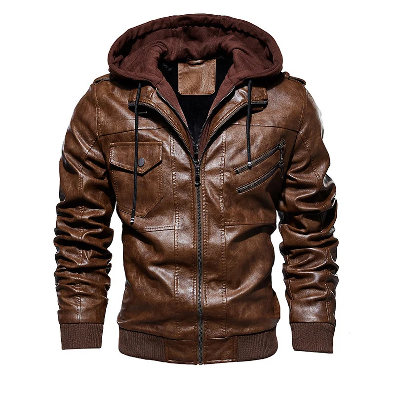 Herren Stylische Kunstlederjacke mit Kapuze Drune
