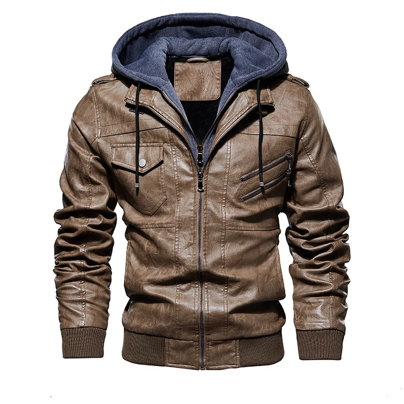 Herren Stylische Kunstlederjacke mit Kapuze Drune