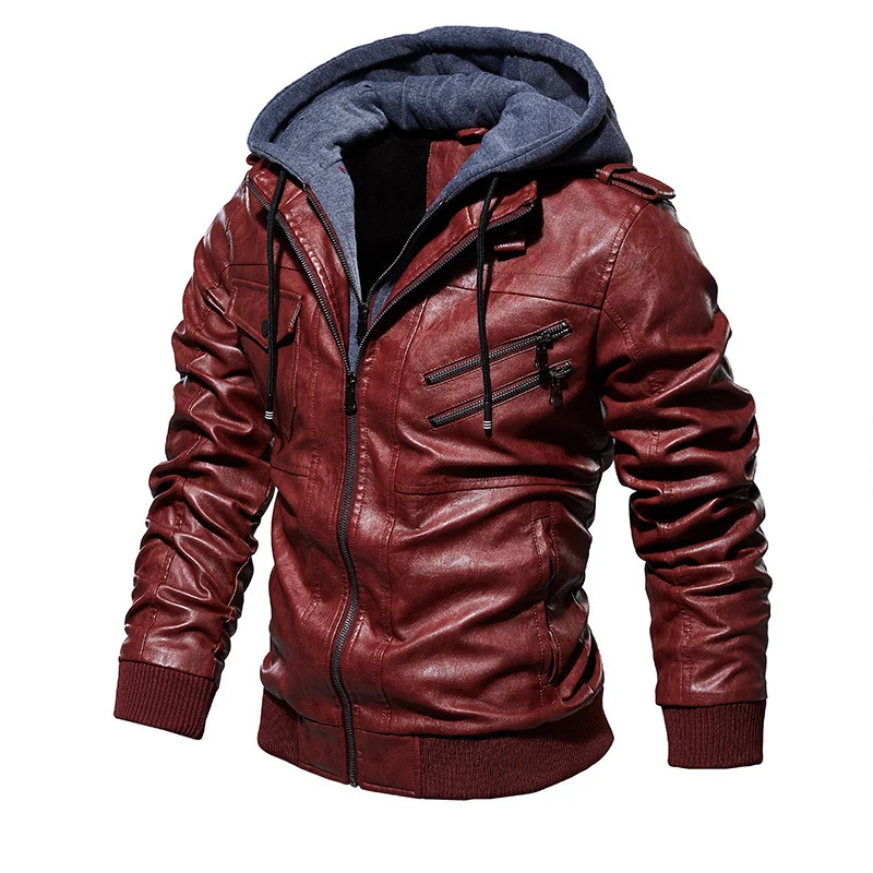 Herren Stylische Kunstlederjacke mit Kapuze Drune