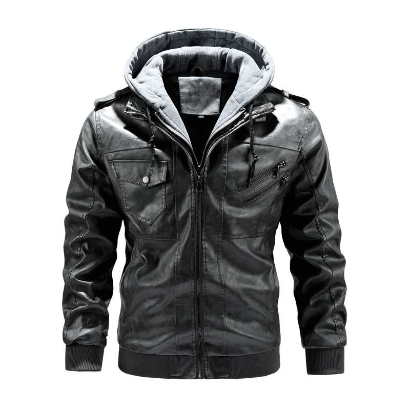 Herren Stylische Kunstlederjacke mit Kapuze Drune