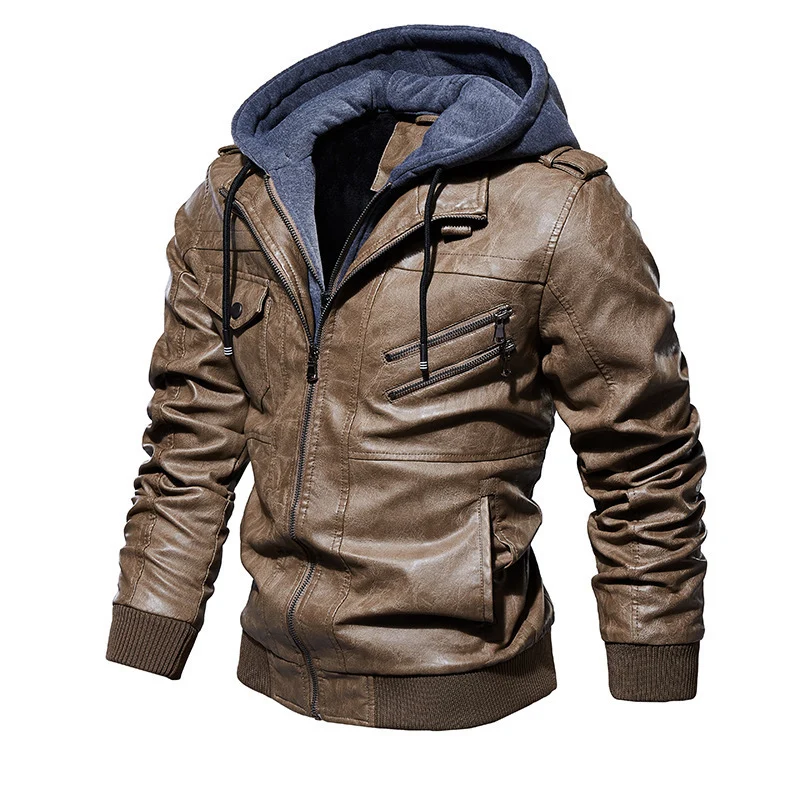 Herren Stylische Kunstlederjacke mit Kapuze Drune