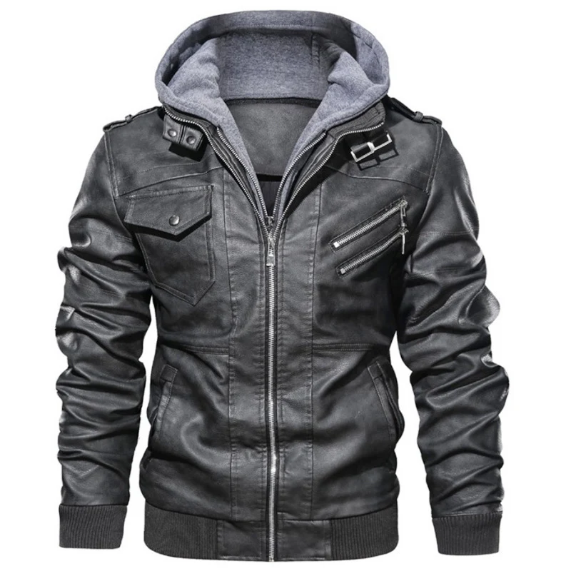 Herren Stylische Kunstlederjacke mit Kapuze Drune
