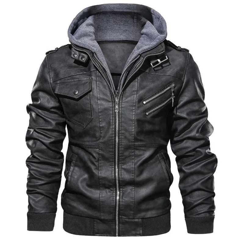 Herren stylische Kunstlederjacke mit Kapuze Drune