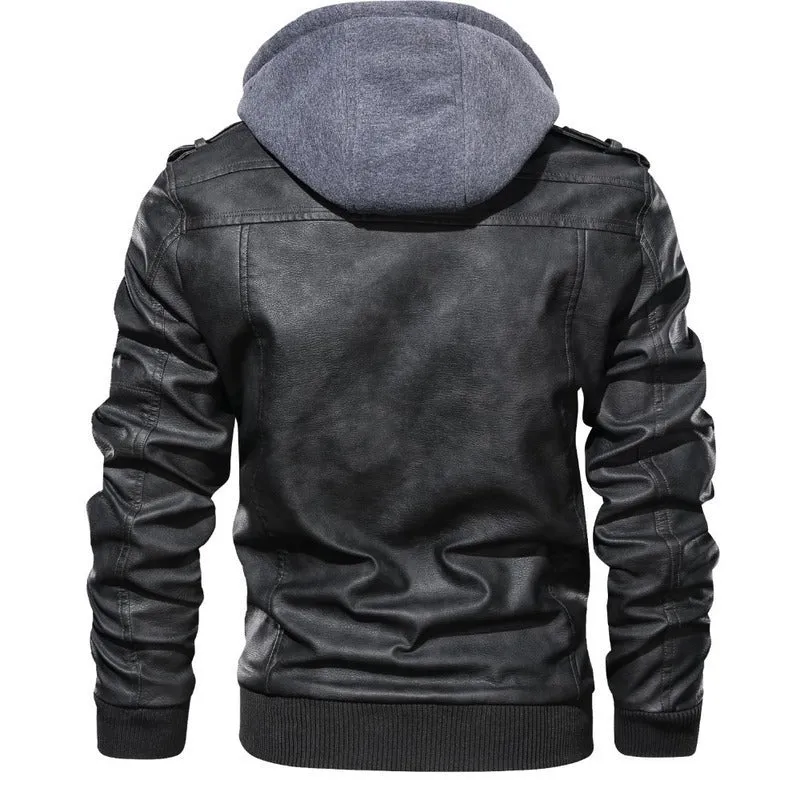 Herren stylische Kunstlederjacke mit Kapuze Drune