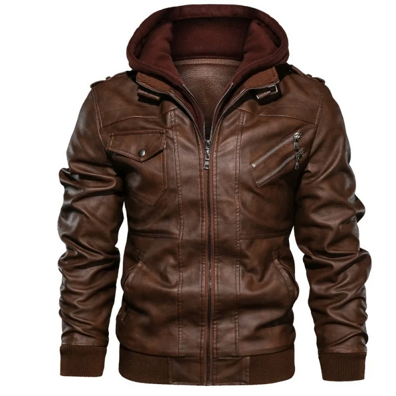 Herren Strapazierfähige Lederjacke mit abnehmbarer Kapuze Drune