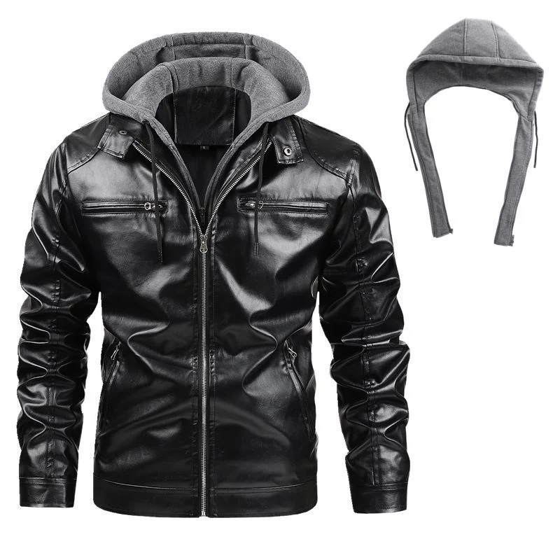 Herren Stilvolle Lederjacke mit Kapuze Drune
