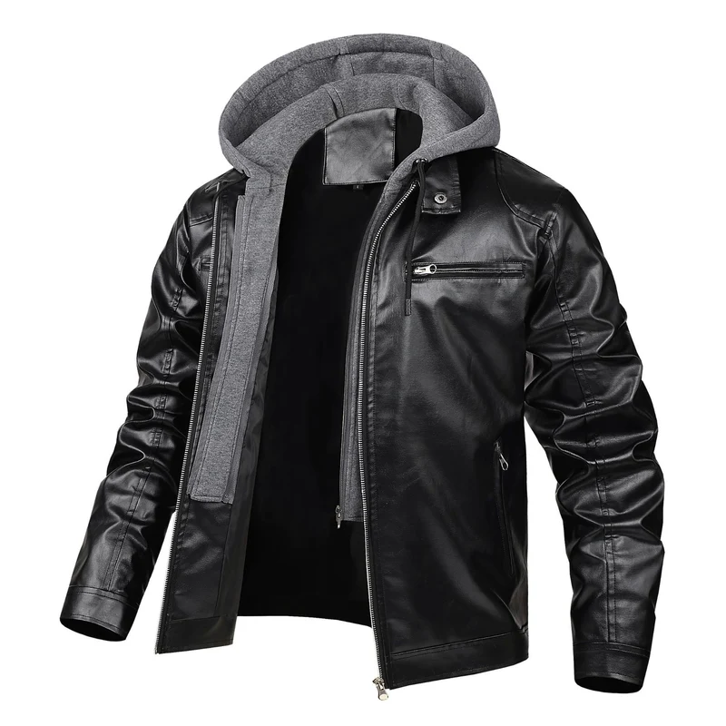 Herren Stilvolle Lederjacke mit Kapuze Drune