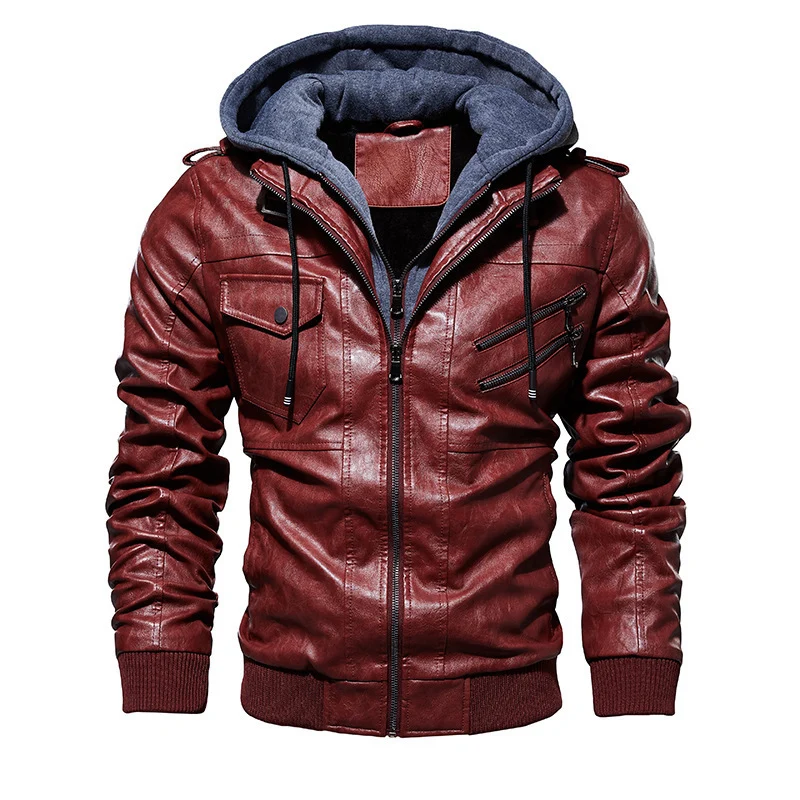 Herren Sportliche Kunstlederjacke mit Kapuze Drune
