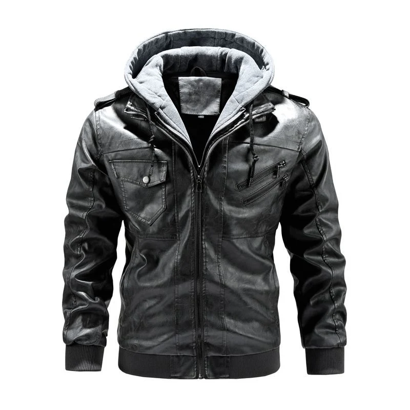 Herren Sportliche Kunstlederjacke mit Kapuze Drune