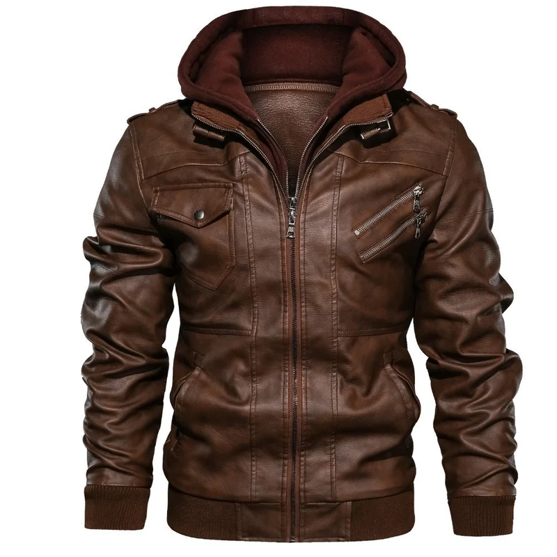 Herren Sportliche Kunstlederjacke mit Kapuze Drune