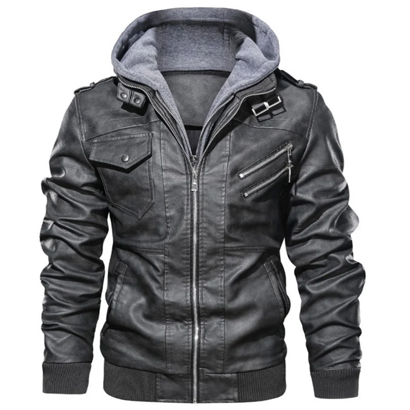 Herren Sportliche Kunstlederjacke mit Kapuze Drune