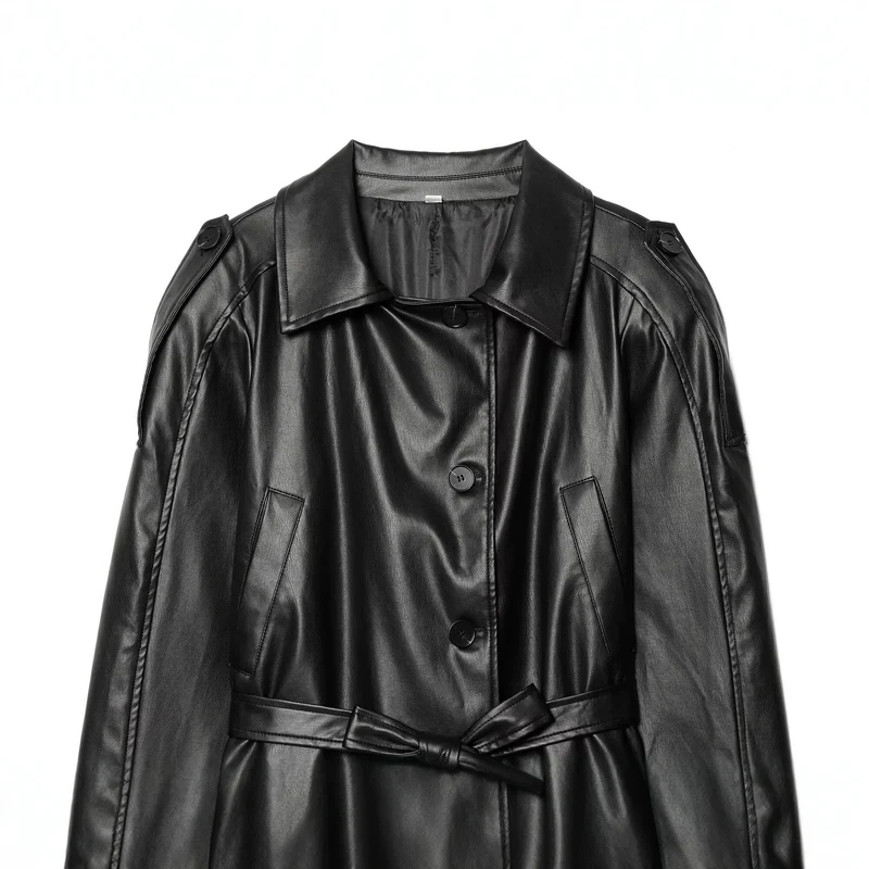 Damen Kurz-Trenchcoat aus Lederoptik mit Taillengürtel Drune