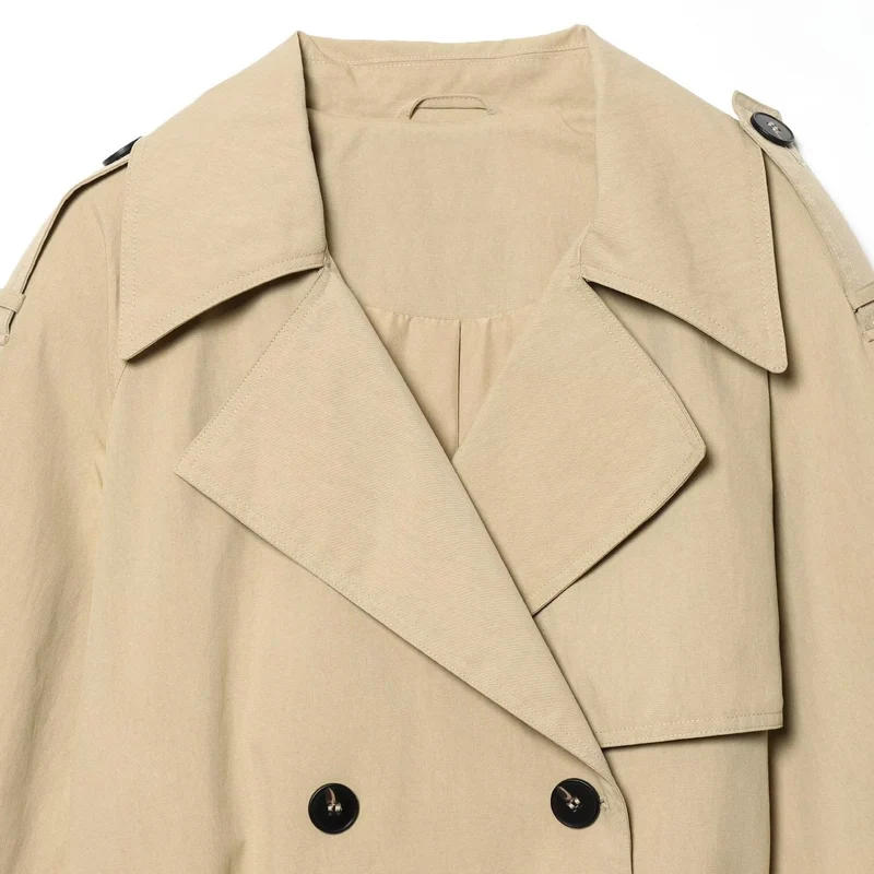 Damen Kurz geschnittener Trenchcoat mit Taillengürtel und Schulterklappen Drune