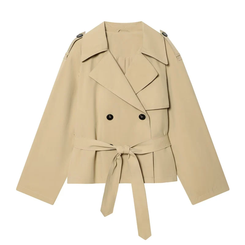 Damen Kurz geschnittener Trenchcoat mit Taillengürtel und Schulterklappen Drune