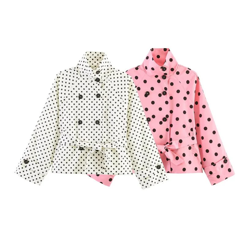 Damen Kurz geschnittener Regenmantel mit Polka-Dot-Muster und Bindegürtel Drune