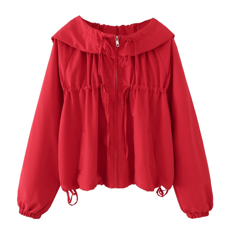 Damen Kurz geschnittene Windbreaker‑Jacke mit weitem Kragen, Tunnelzug und elastischen Bündchen Drune