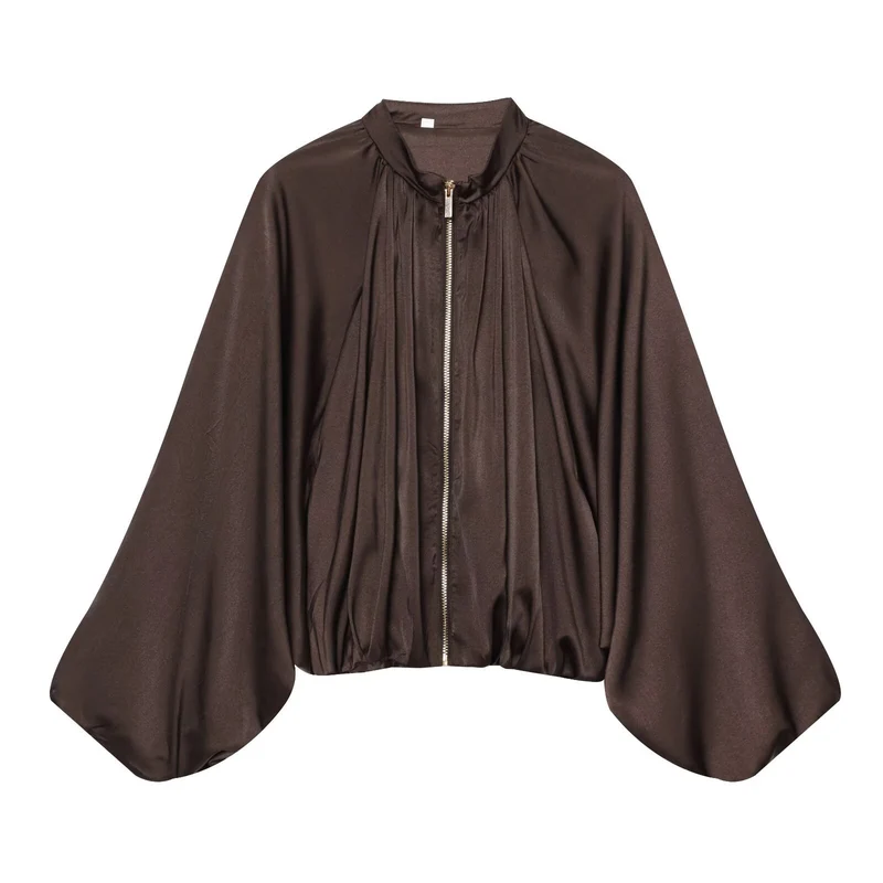Damen Kurz geschnittene Satin‑Bomberjacke mit weitem Fledermausärmeln und Falten-Detail Drune