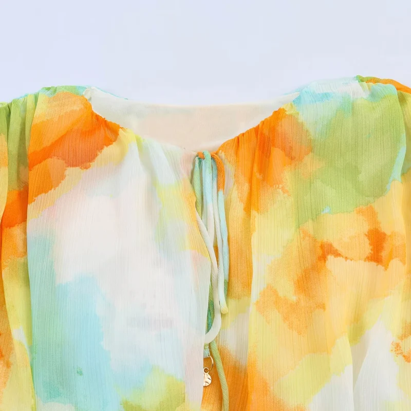 Damen Kurz geschnittene Plissee-Chiffonbluse mit Tunnelzug und weiten Ballonärmeln Drune