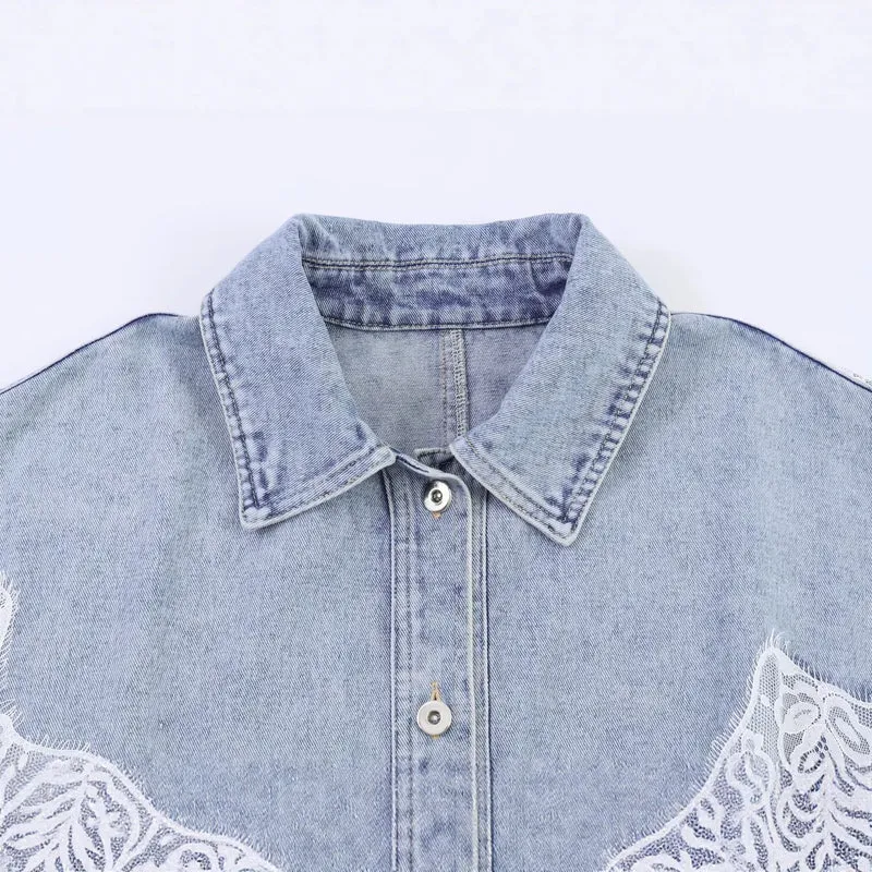 Damen Kurz geschnittene Jeansjacke mit Spitzenapplikation und Oversize-Kimonärmeln Drune
