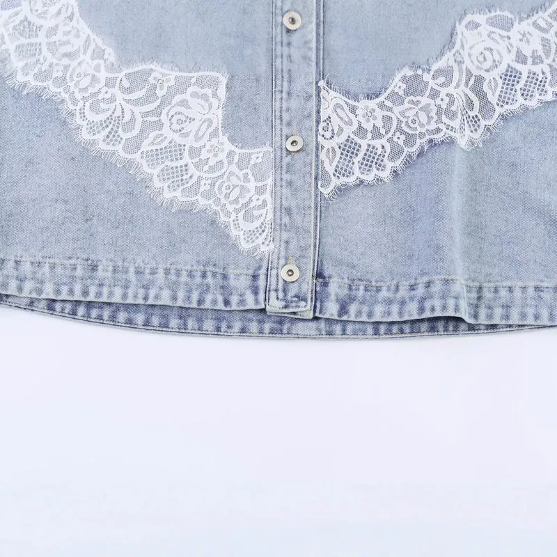 Damen Kurz geschnittene Jeansjacke mit Spitzenapplikation und Oversize-Kimonärmeln Drune